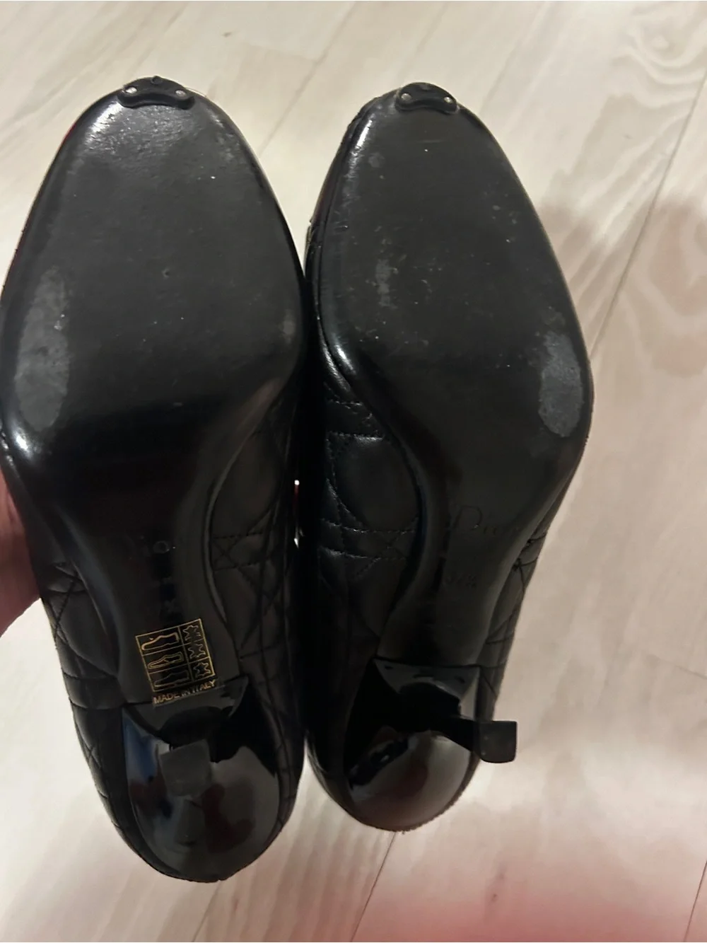 Dior Black Quilted Cannage leather heels.  Gold CD Bow